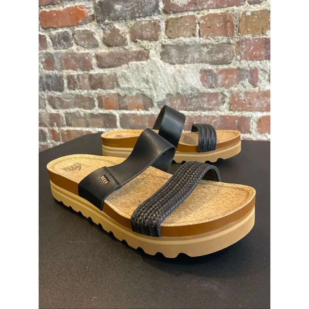 REEF • Black Vegan Leather Braided Double Strap Tan Cork/Foam 2” Sole Slide Sand